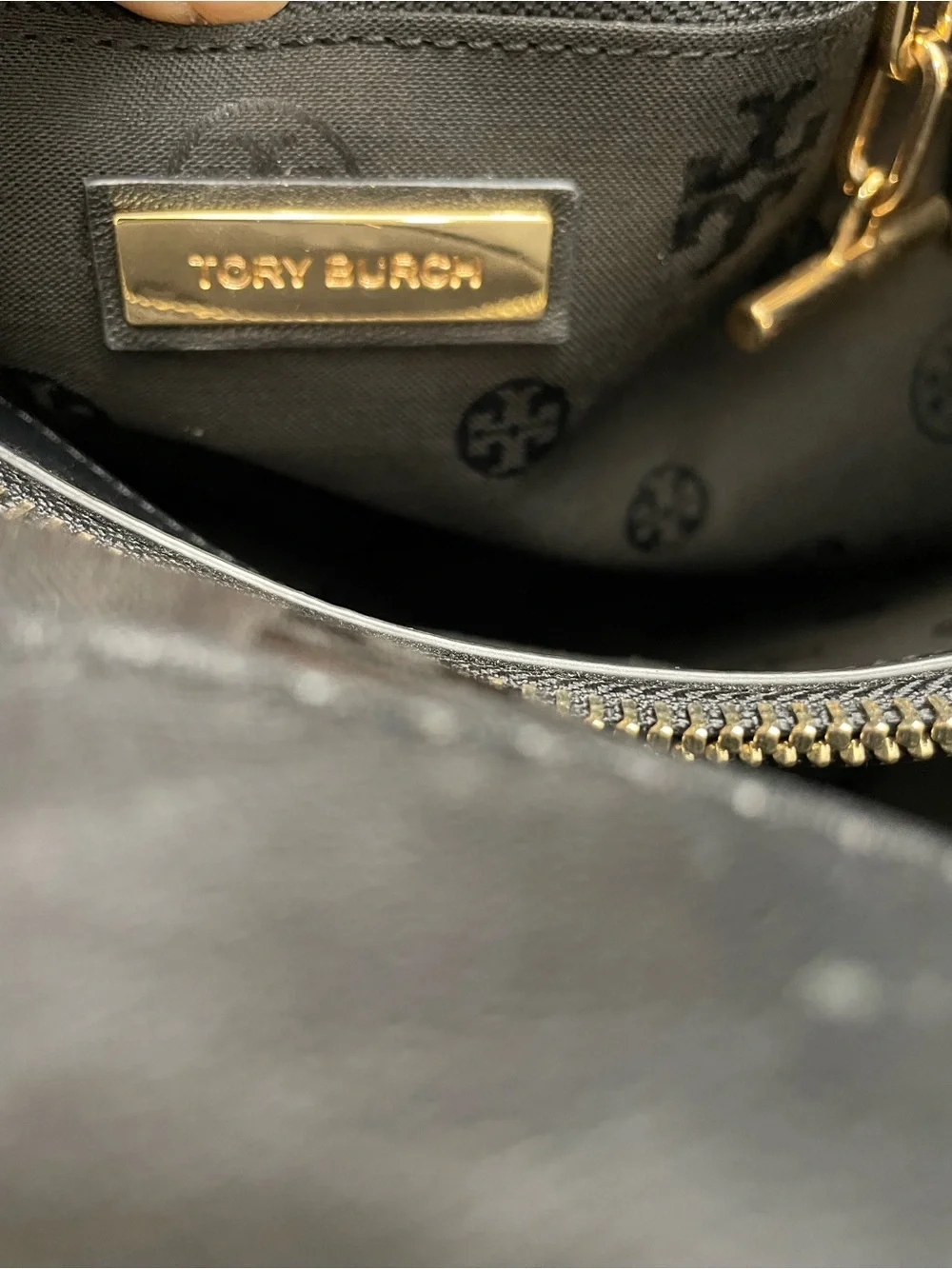 Tory Burch Black Leather Chain Tote Shoulder Bag Large Gold Logo Authentic